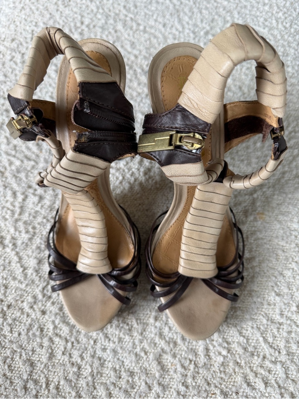 L.A.M.B. Beige and Brown Wrapped-Strap Heeled Sandals